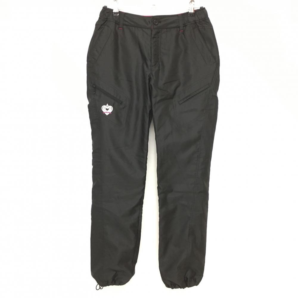 【美品】ビバハート パンツ 黒×白 斜めストライプ織生地 ロゴ刺しゅう 裏微起毛 裾ドローコード  レディース 42 ゴルフウェア VIVA HEART