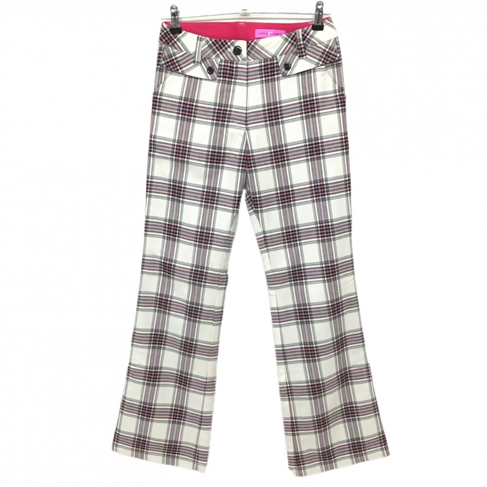 【美品】ビバハート パンツ 白×黒 チェック柄 後ろハートステッチ ウール混 レディース 38(S) ゴルフウェア VIVA HEART