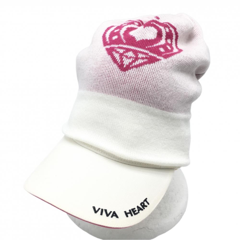 【美品】ビバハート 3WAYサンバイザー 白×ピンク ニット部 ロゴ刺しゅう  レディース 40(フリー) ゴルフウェア VIVA HEART