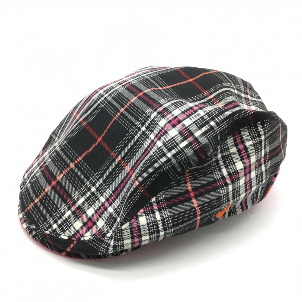 【美品】ビバハート ハンチング帽 黒×白 チェック 後ろリブ レディース 40(M) ゴルフウェア VIVA HEART 画像