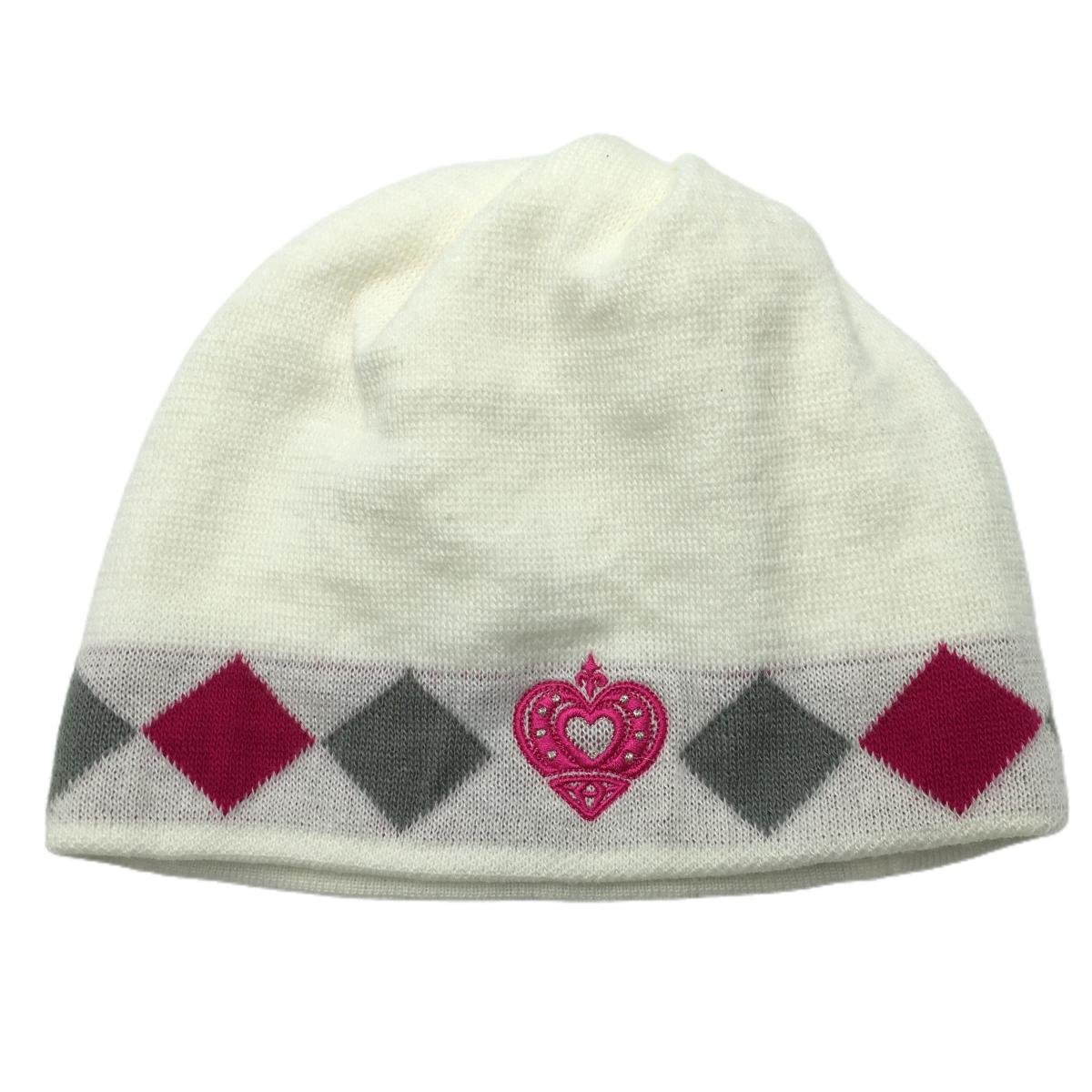 【超美品】ビバハート ニット帽 白×ピンク×グレー 一部スクエア柄 ウール混 レディース 40(M) ゴルフウェア VIVA HEART