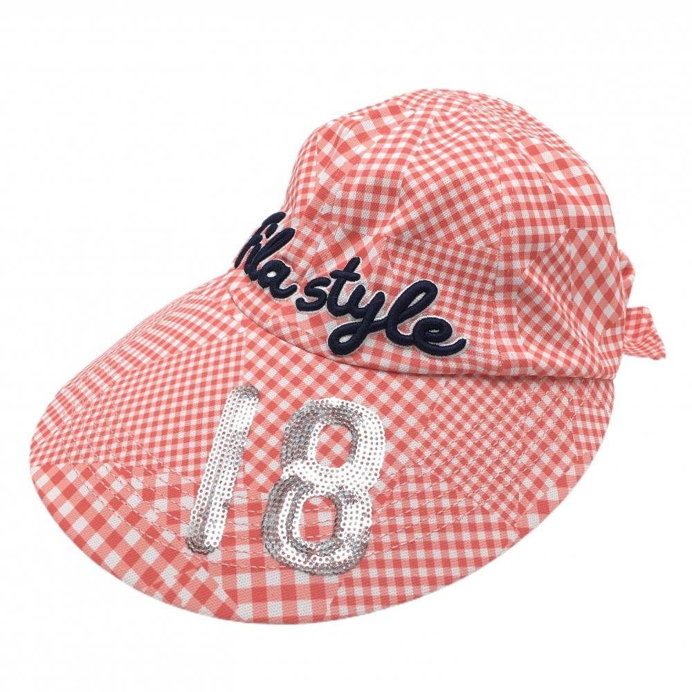 【超美品】フィラゴルフ つば広キャップ レッド×白 チェック柄 立体刺しゅう レディース  ゴルフウェア FILA GOLF