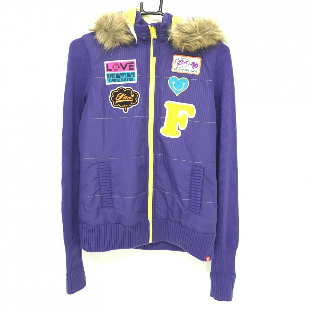 フィラゴルフ フード付き中綿ジャケット パープル×イエロー ストライプ柄 複数ワッペン 異素材  レディース Ｍ ゴルフウェア FILA GOLF