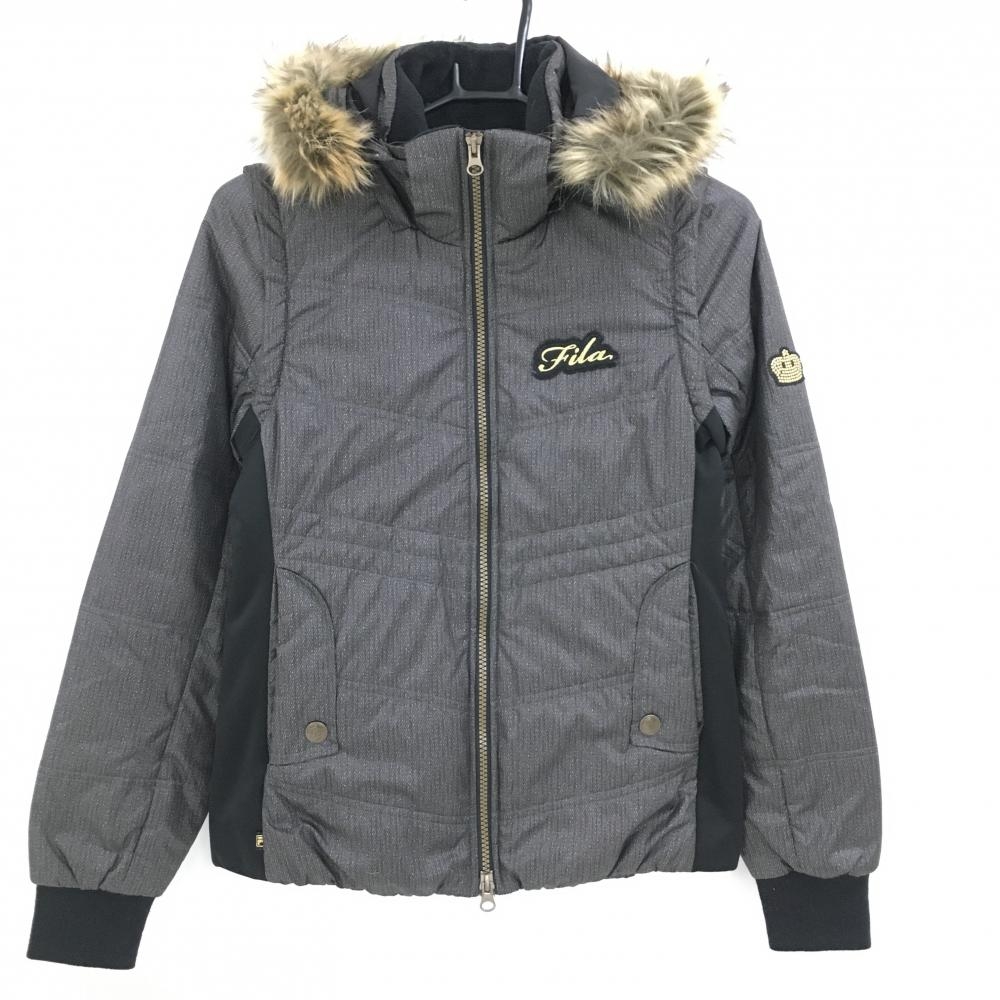 フィラゴルフ 4WAY中綿ジャケット ダークグレー フェイクファー ネック内側起毛 フード・袖着脱可 レディース M ゴルフウェア FILA GOLF