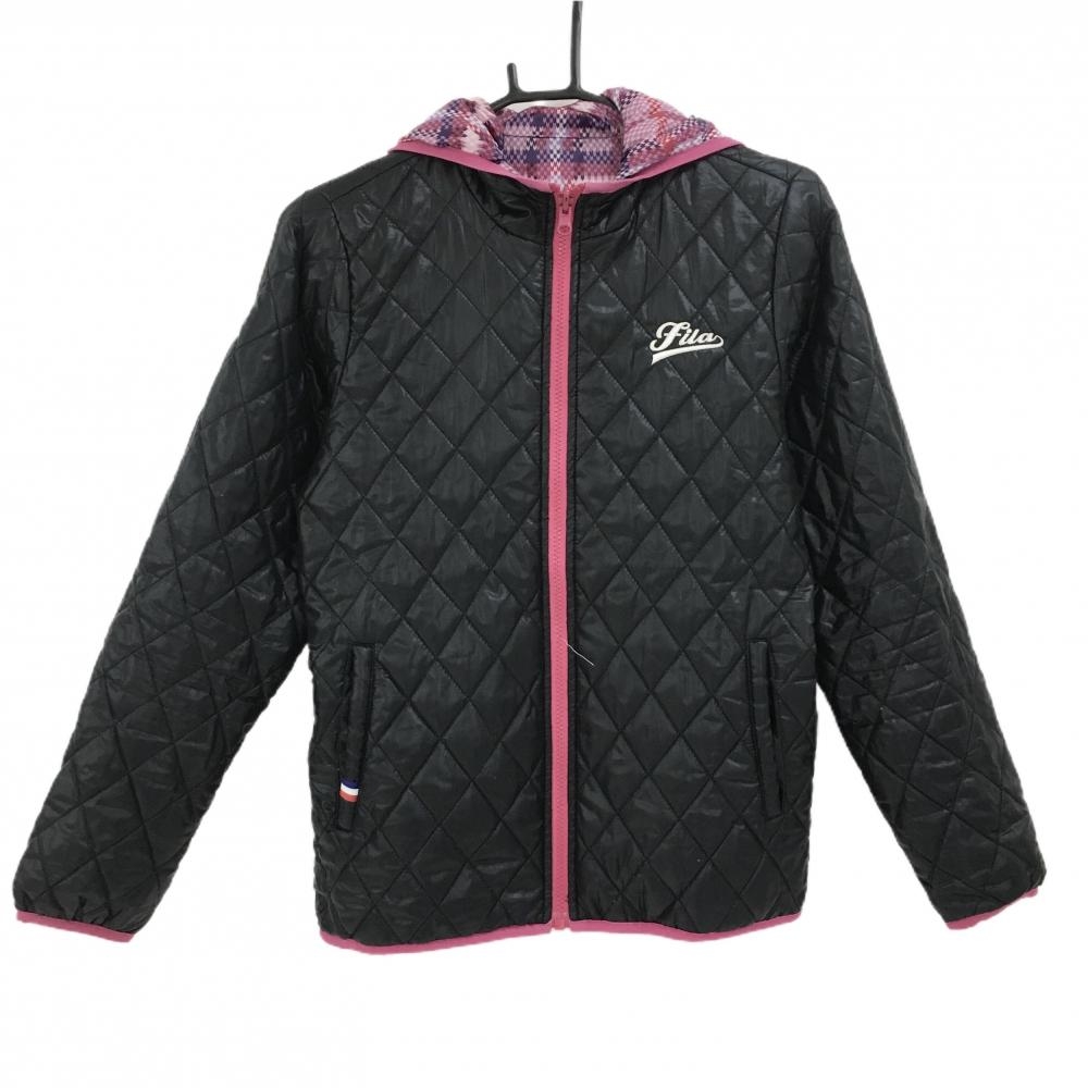 フィラゴルフ フード付きリバーシブル中綿ジャケット 黒×ピンク キルティング 裏チェック調  レディース M ゴルフウェア FILA GOLF