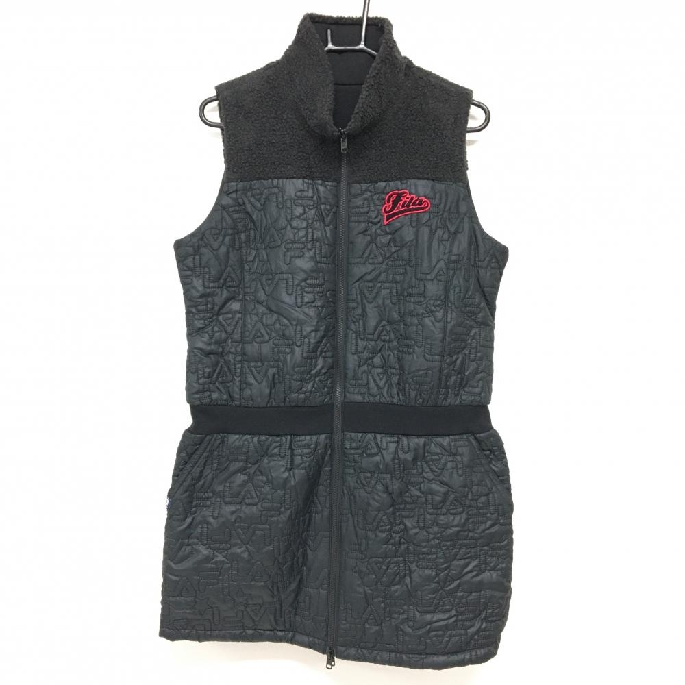 【超美品】フィラゴルフ 中綿ノースリーブワンピース ダークネイビー×ダークグレー 一部ボア   レディース LL ゴルフウェア FILA GOLF