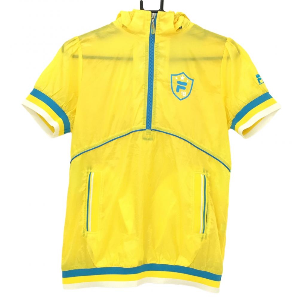 【超美品】フィラゴルフ 半袖パーカー ハーフジップ ポリエステル イエロー×ブルー フード着脱可 レディース M ゴルフウェア FILA GOLF