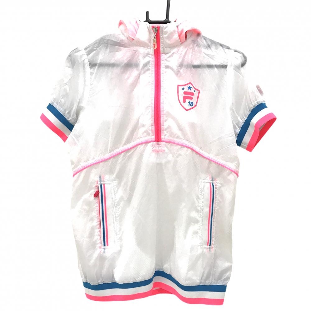 【美品】フィラゴルフ 2WAY半袖ブルゾン 白×蛍光ピンク ハーフジップ サイドメッシュ フード着脱可 レディース M ゴルフウェア FILA GOLF