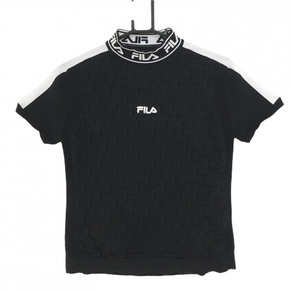 【美品】フィラゴルフ 半袖ハイネックセーター 黒×白 凹凸生地 ネックロゴ レディース L ゴルフウェア FILA GOLF