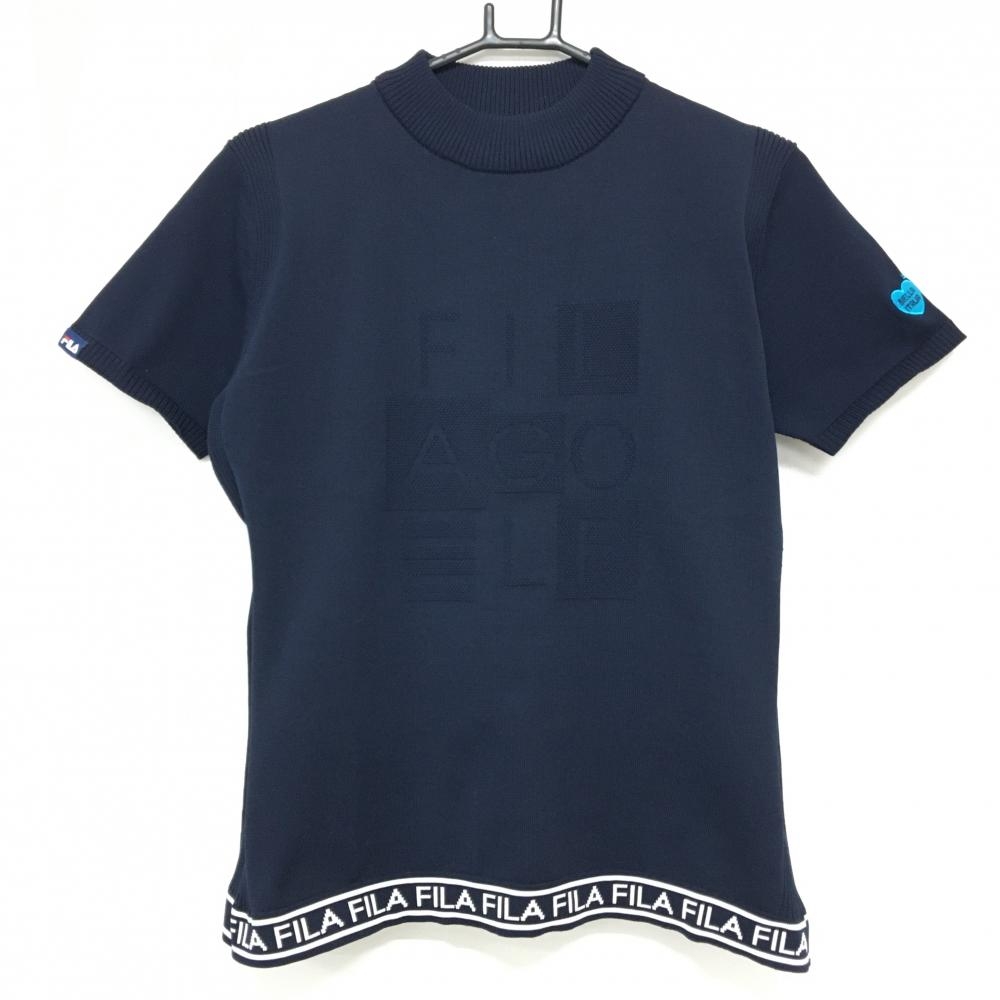 【超美品】フィラゴルフ 半袖ハイネックセーター ネイビー×白 裾ロゴ ハート ニット レディース LL ゴルフウェア FILA GOLF