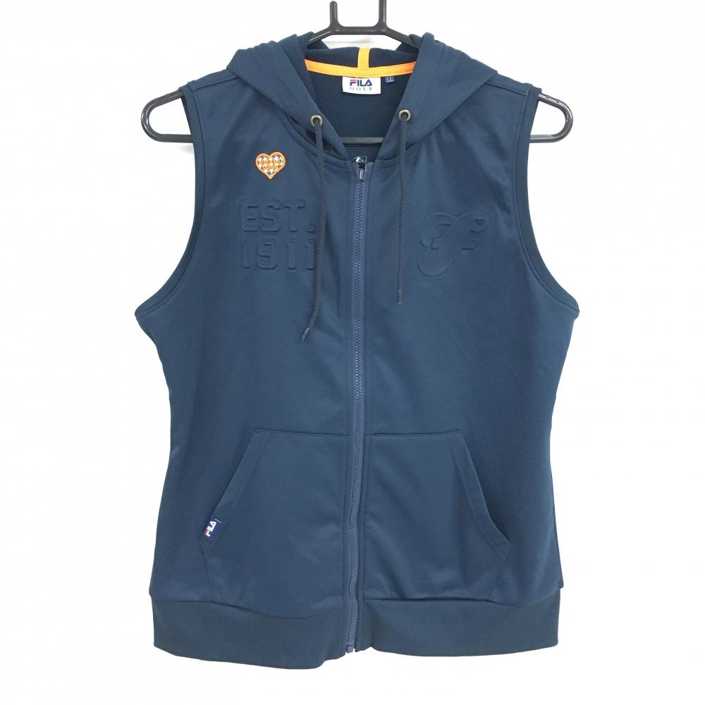 【超美品】フィラゴルフ ジップパーカーベスト ネイビー 立体ロゴ UVカット 保温 レディース LL ゴルフウェア FILA GOLF