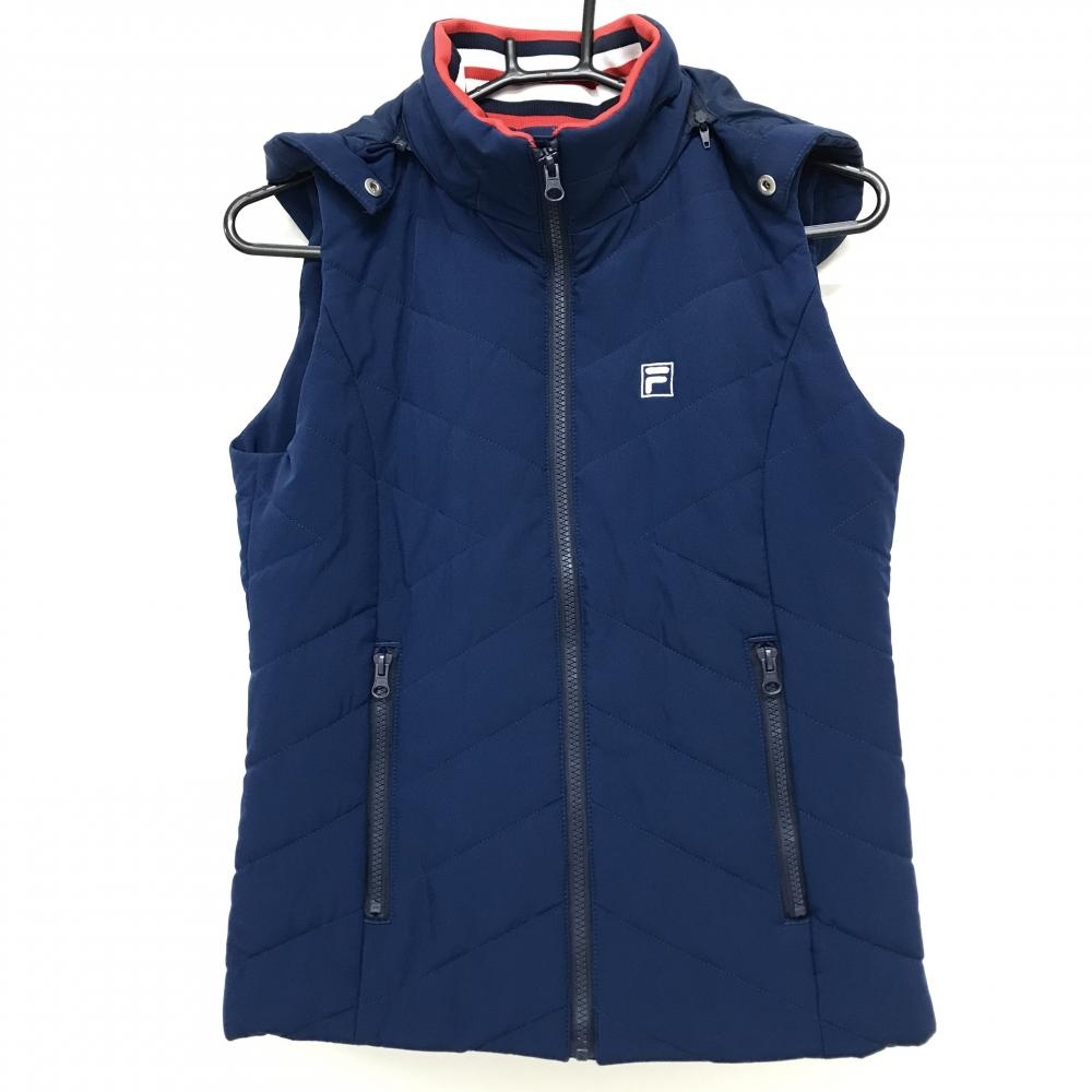 【美品】フィラゴルフ 2WAY中綿ベスト ネイビー フード着脱可  レディース M ゴルフウェア FILA GOLF