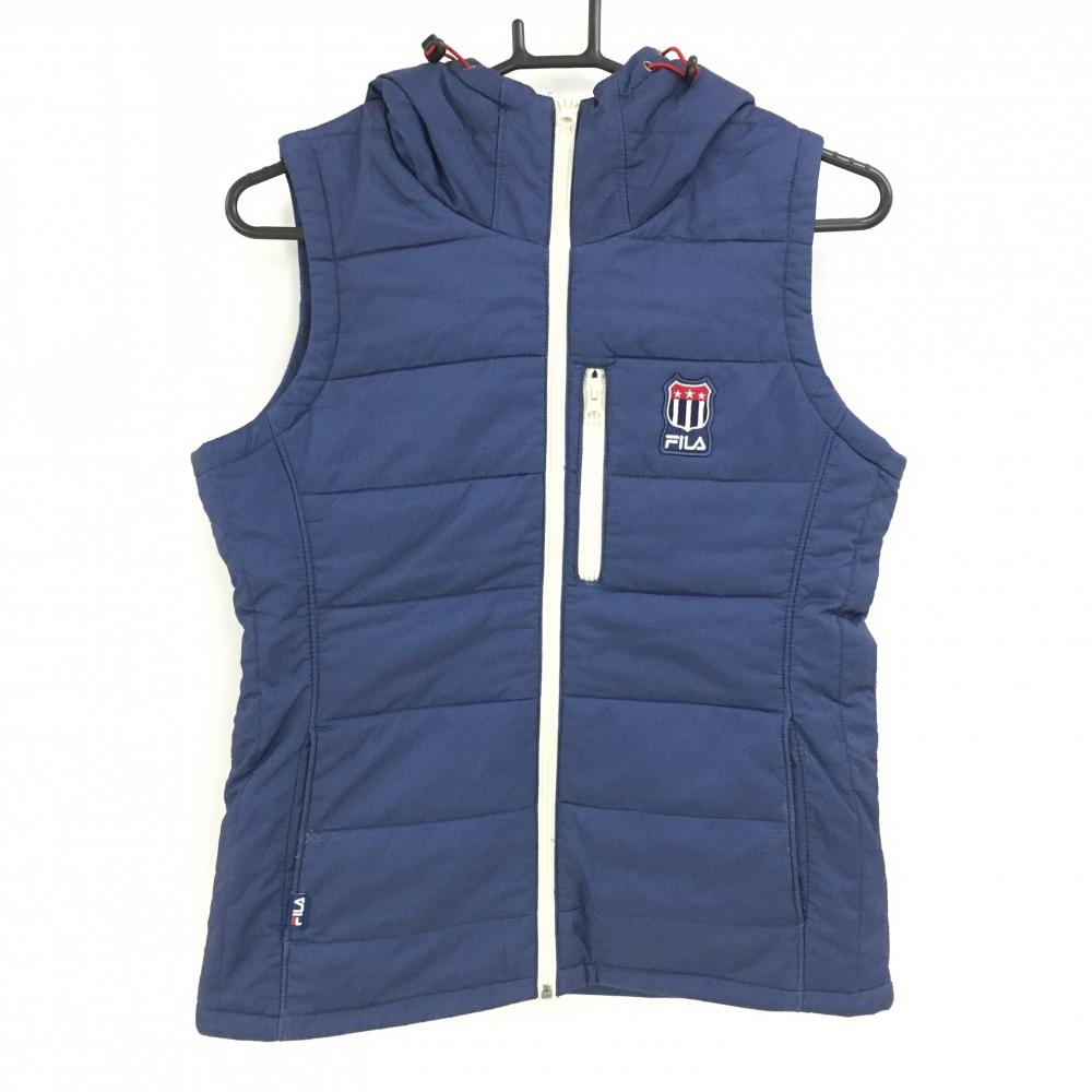 フィラゴルフ フード付中綿ベスト ネイビー フード裏起毛 レディース L ゴルフウェア FILA GOLF