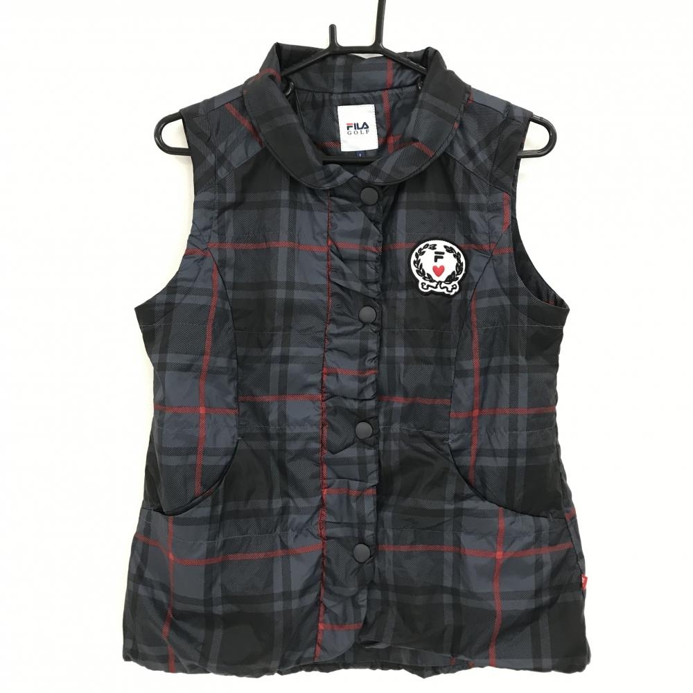【超美品】フィラゴルフ 中綿ベスト ダークグレー×黒 チェック柄 胸元ワッペン スナップボタン レディース L ゴルフウェア FILA GOLF