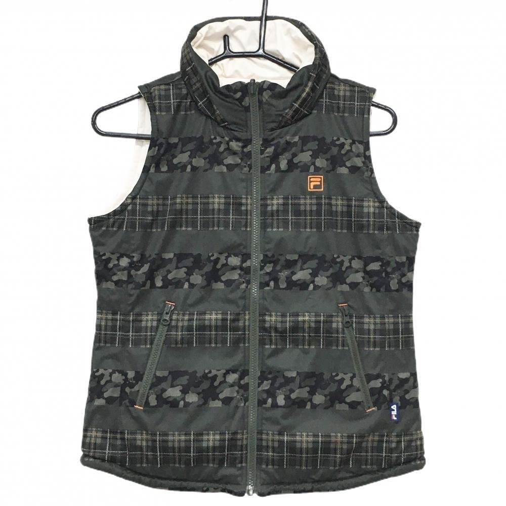 【超美品】フィラゴルフ 中綿リバーシブルベスト カーキ×黒 ボーダー調 チェック カモフラ風 レディース M ゴルフウェア FILA GOLF