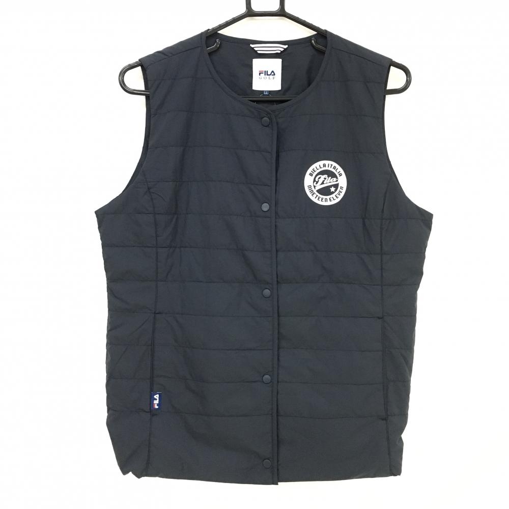 【超美品】フィラゴルフ ノーカラー中綿ベスト ダークネイビー系 スナップボタン 薄手 レディース LL ゴルフウェア FILA GOLF