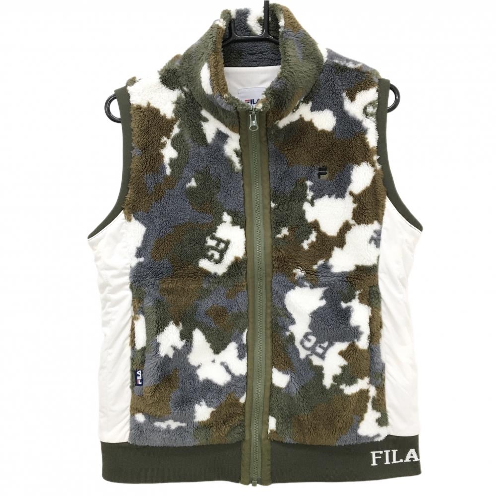 【超美品】フィラゴルフ ボアベスト カーキ×白 カモフラ サイド切替 蓄熱 迷彩  レディース L ゴルフウェア FILA GOLF