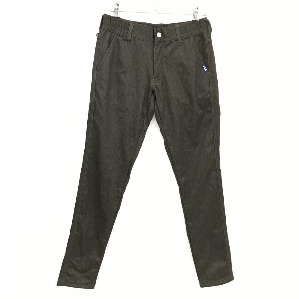 【美品】フィラゴルフ パンツ カーキ×ダークブラウン 英字総柄 星 裏起毛 レディース L ゴルフウェア FILA GOLF