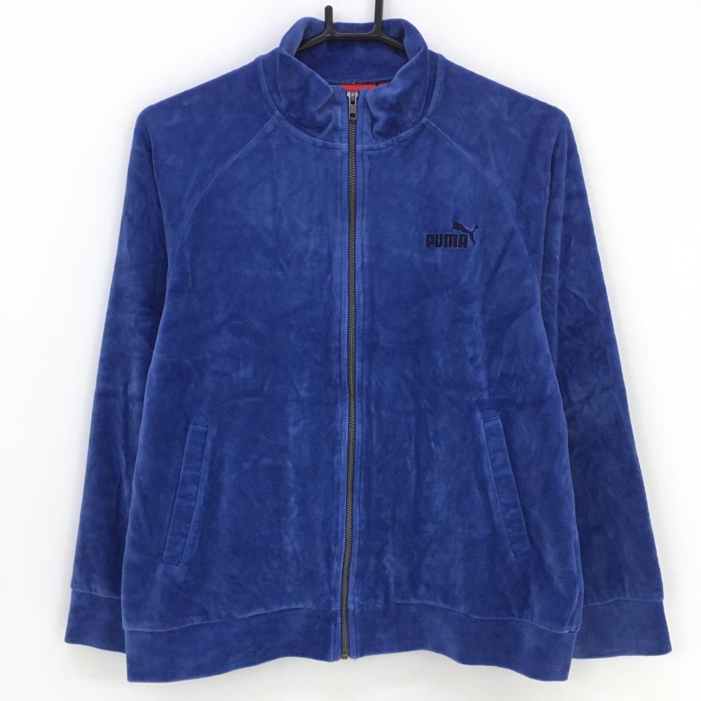 【美品】プーマ ジップブルゾン ブルー×ネイビー ジュニアサイズ ベロア調 合皮ロゴ レディース 160 ゴルフウェア PUMA