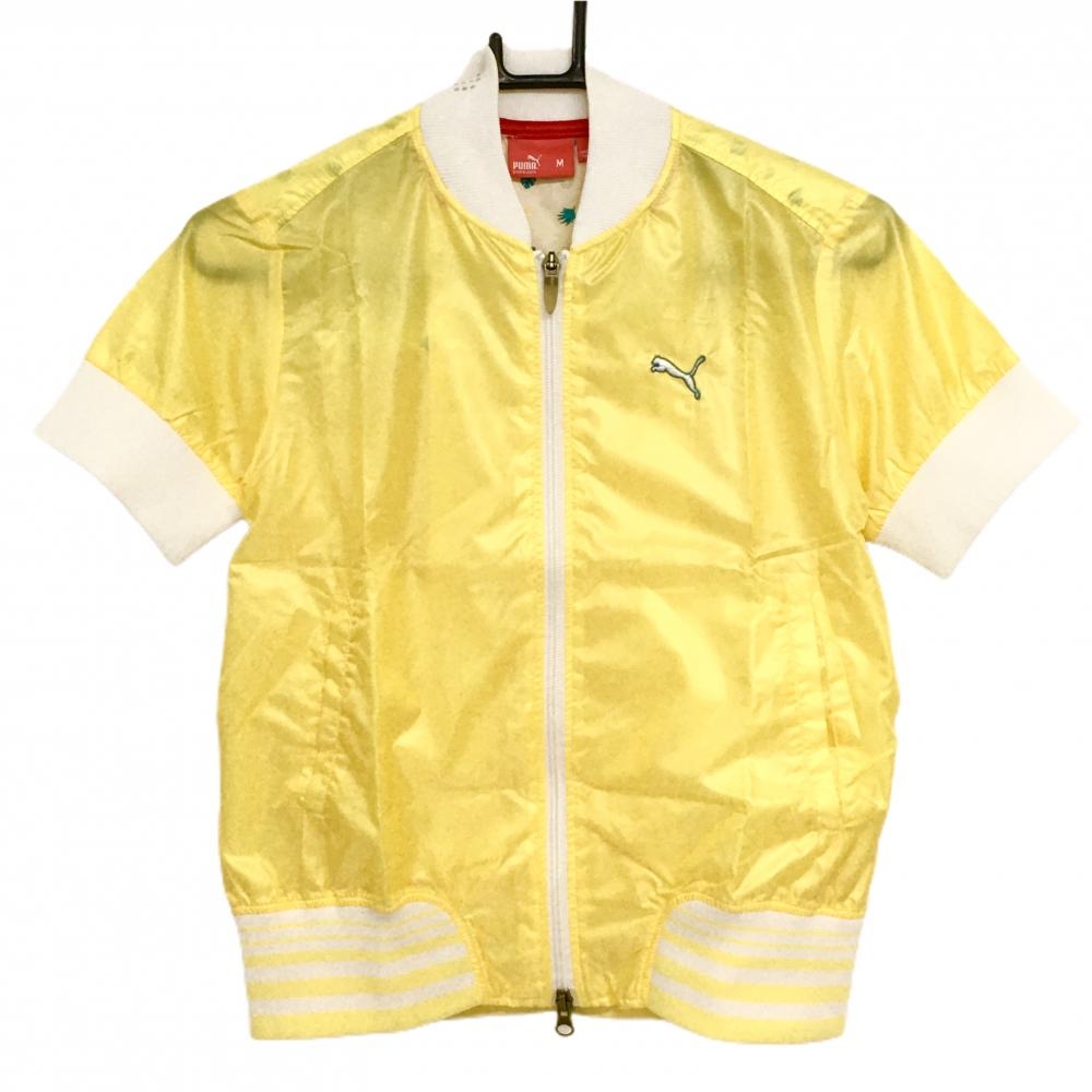 【美品】プーマ 半袖ジャケットブルゾン イエロー×白 ネックラインストーン ロゴ刺しゅう レディース M ゴルフウェア PUMA
