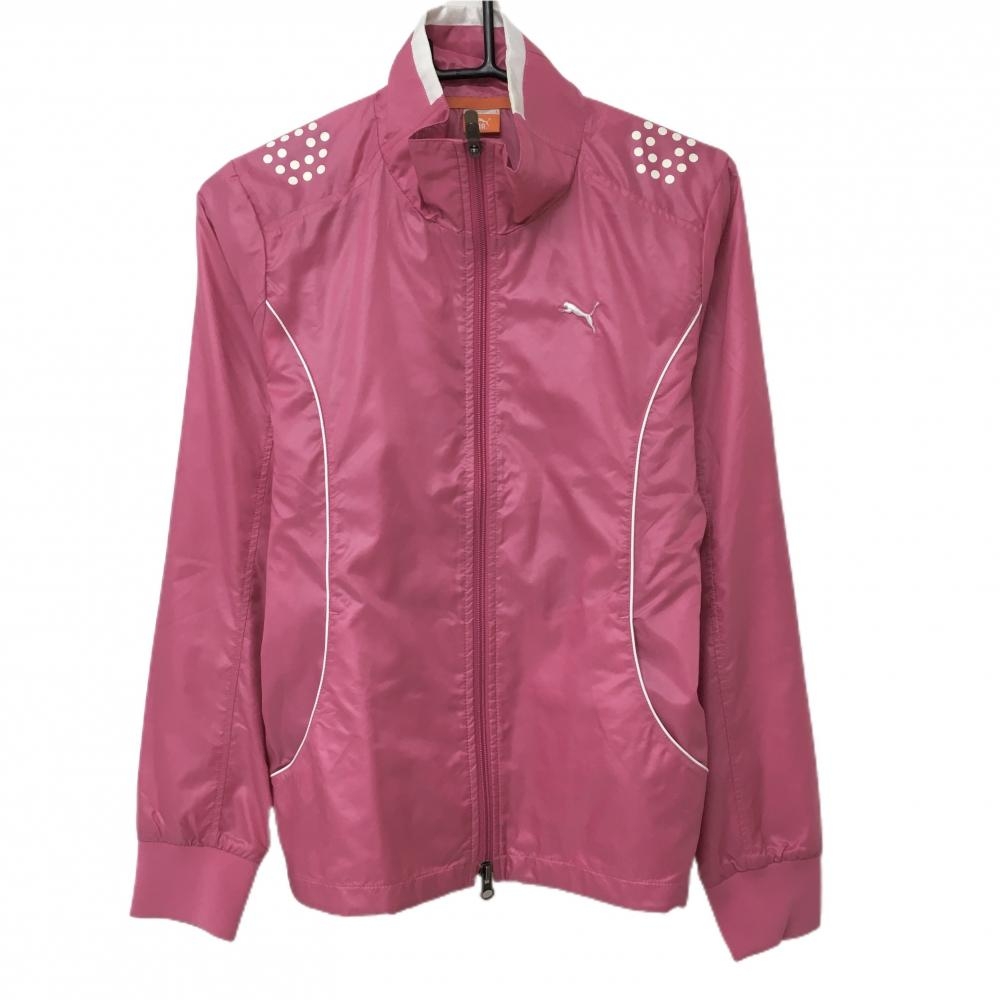 【美品】プーマ ジャケットブルゾン ピンク×白 胸元ロゴ 裏地メッシュ 裾ドローコード レディース L ゴルフウェア PUMA