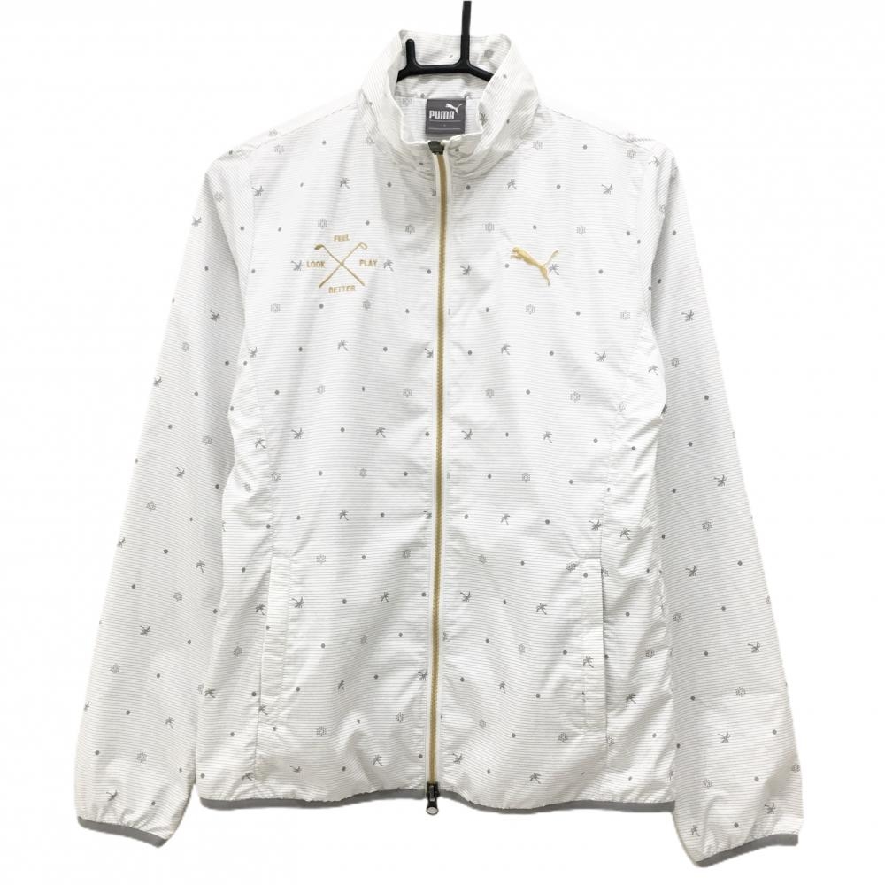 【超美品】プーマ ジャケット 白×グレー ボーダー ヤシの木 メッシュ裏地 ロゴ刺しゅう  レディース L ゴルフウェア PUMA