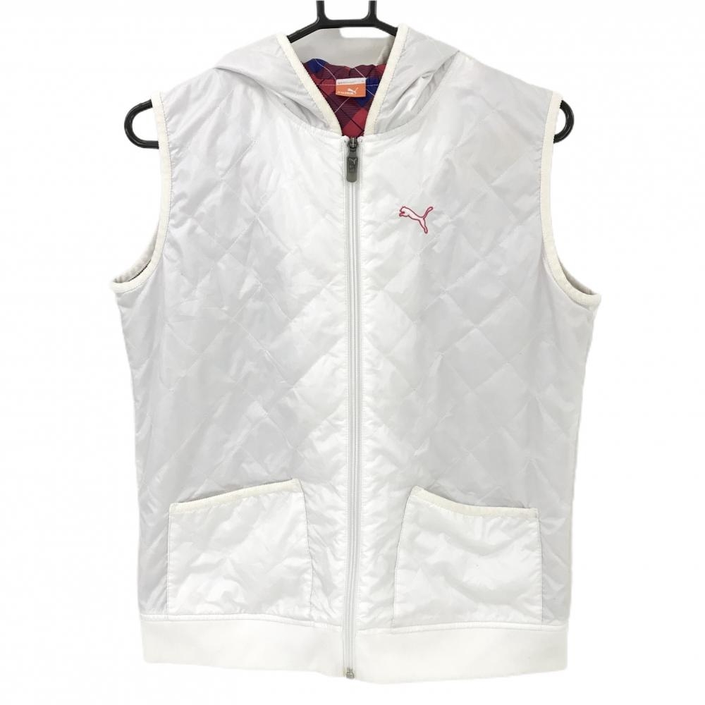 プーマ フード付き中綿ベスト 白 薄手 キルティング 裏地チェック レディース O ゴルフウェア PUMA