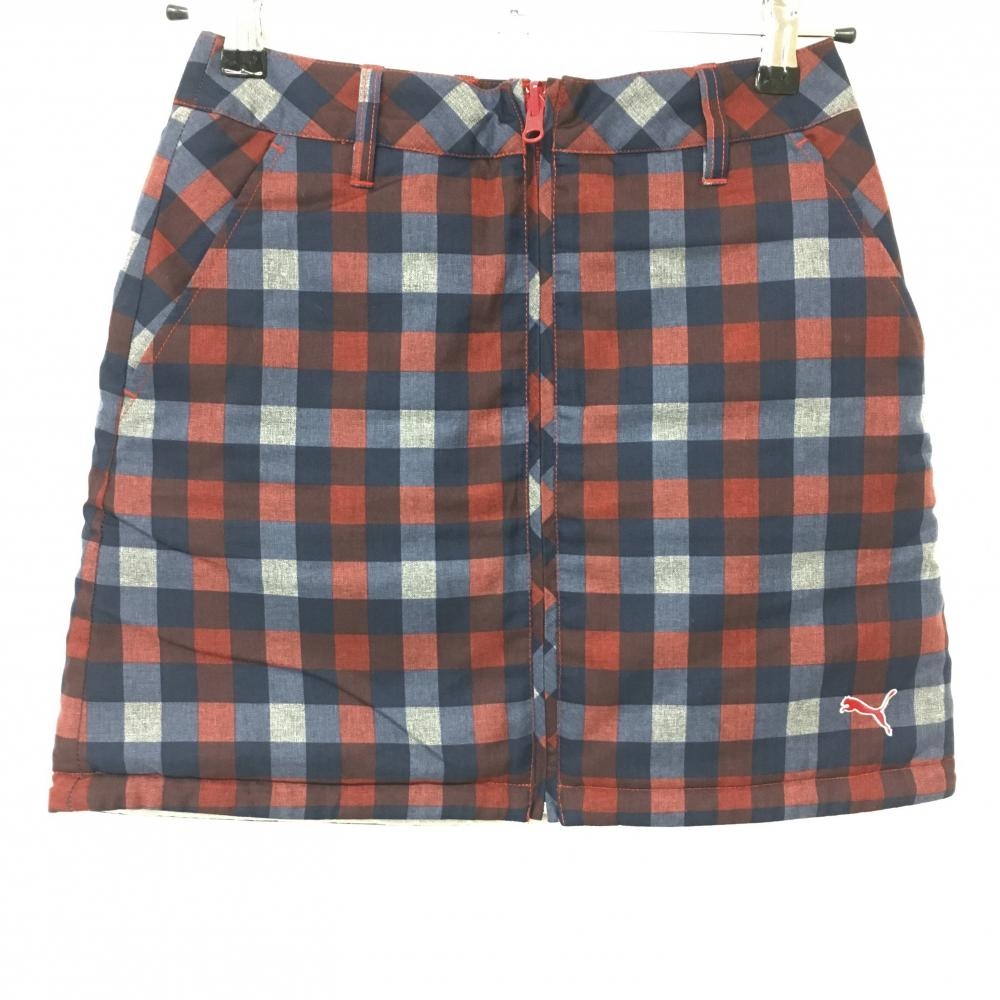 【超美品】プーマ 中綿リバーシブルスカート レッド×ネイビー チェック柄 裏グレー ロゴ刺しゅう レディース S ゴルフウェア PUMA
