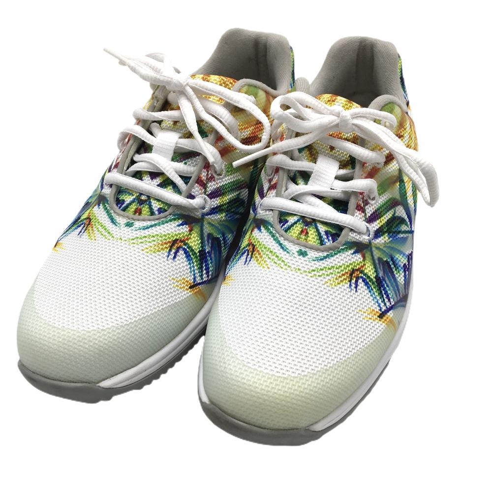 【超美品】フットジョイleisure ゴルフシューズ 白×マルチカラー リーフ柄 92902 スパイクレス レディース 23.0相当 ゴルフウェア FootJoy