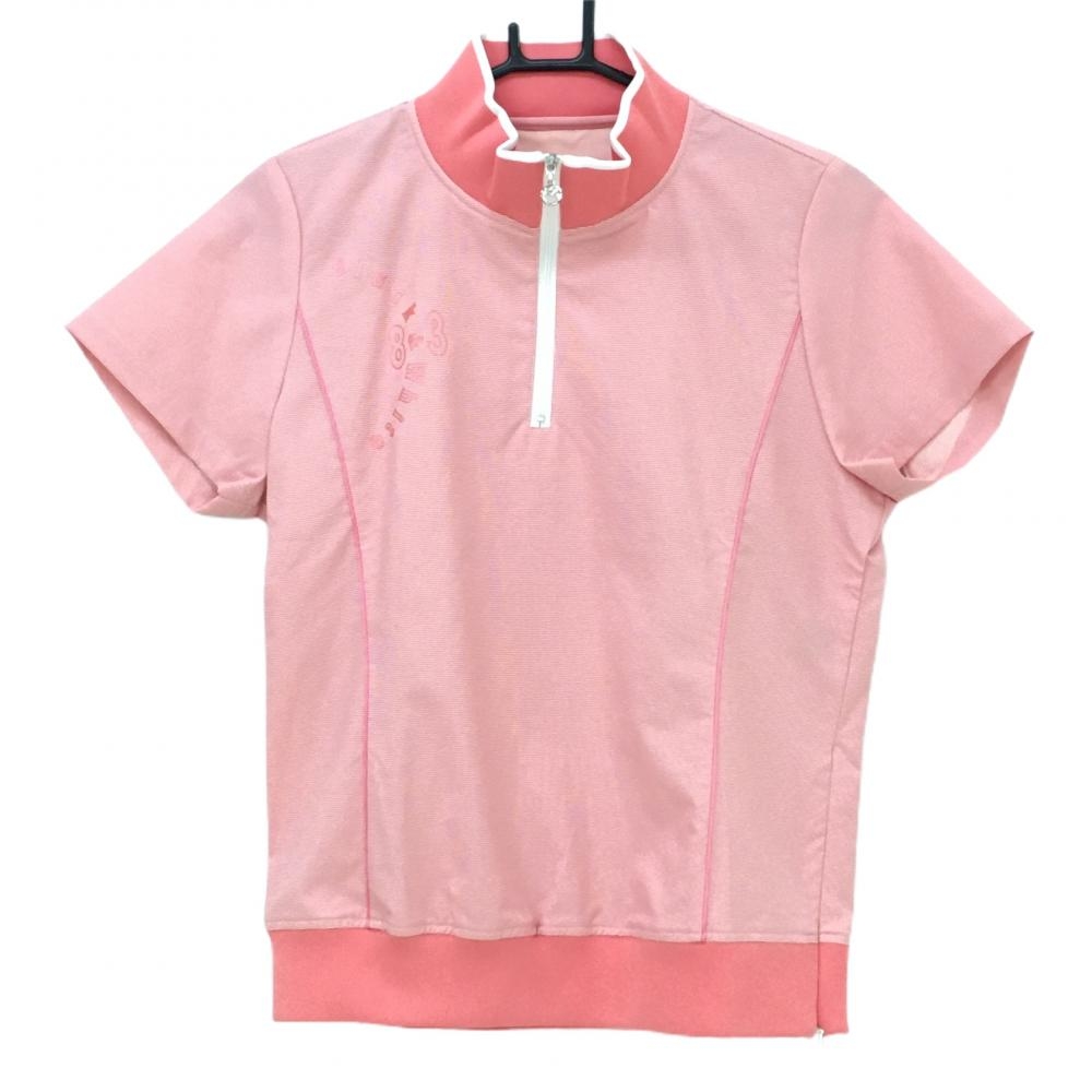 【超美品】ブラックアンドホワイト 半袖ブルゾン サーモンピンク×白 地模様 ハーフジップ  レディース 1(S) ゴルフウェア Black＆White