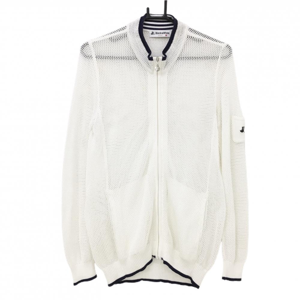 ブラックアンドホワイト ニットジャケット 白×ネイビー 透かし編み ネック裏ボーダー レディース L ゴルフウェア Black＆White