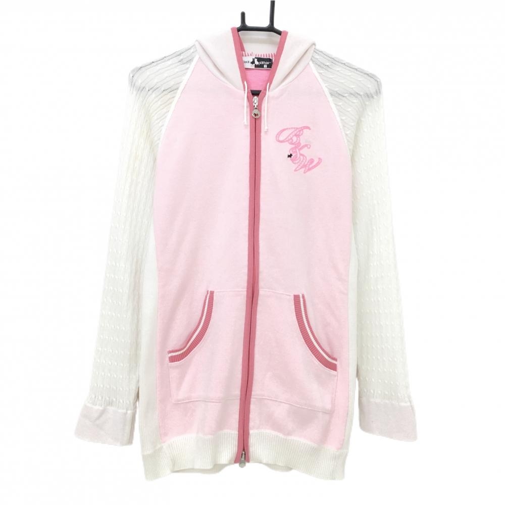 ブラックアンドホワイト ニットジップパーカー 白×ピンク 袖ケーブル編み パーカー レディース 1(S) ゴルフウェア Black＆White