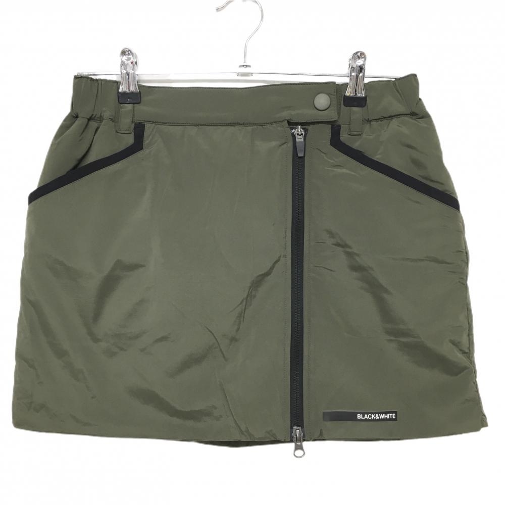 【超美品】ブラックアンドホワイト 中綿スカート カーキ×黒 フロントジップ 裾ロゴ ナイロン  レディース M ゴルフウェア Black＆White