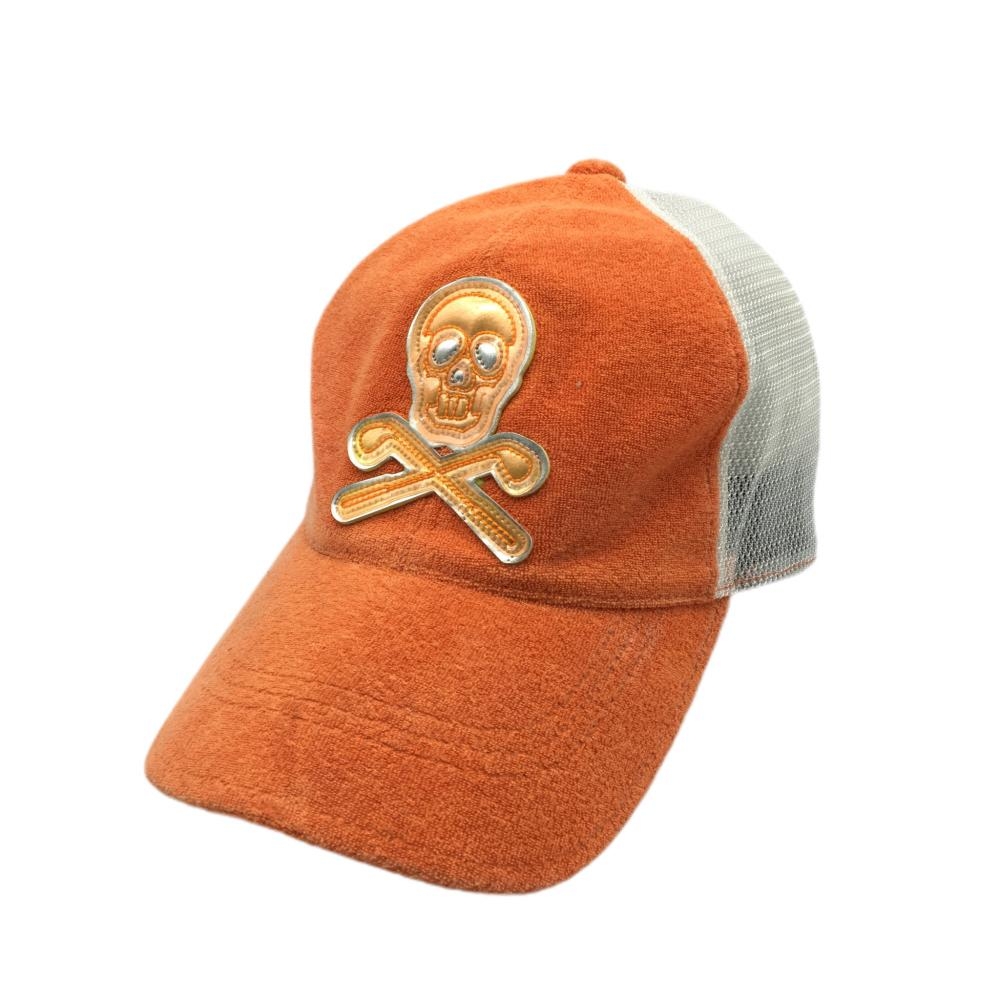 マークアンドロナ メッシュキャップ オレンジ×白 パイル地 ビッグスカル  レディース S ゴルフウェア MARK＆LONA