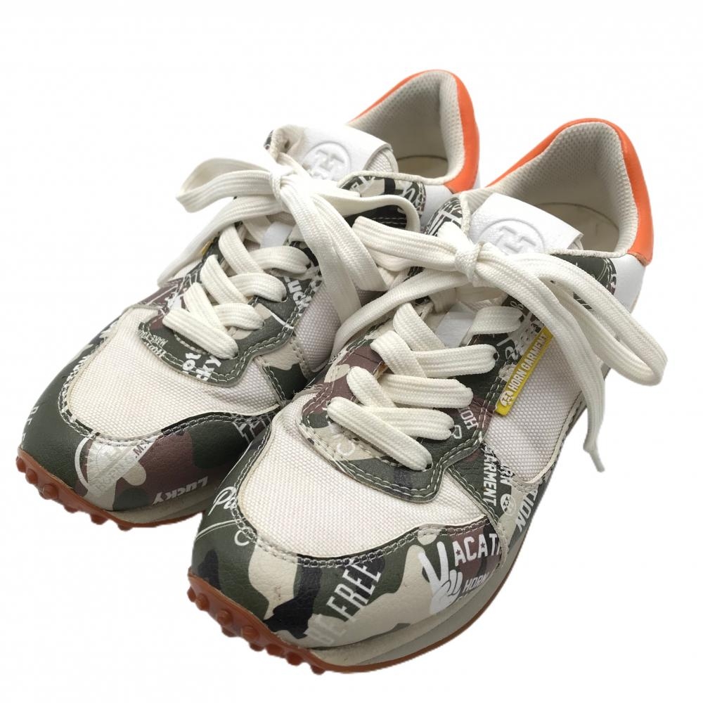 【美品】ホーンガーメント ゴルフシューズ 白×カーキ 一部カモフラ柄 迷彩 HCS-2A-SS03  レディース 23.0 ゴルフウェア MARK＆LONA