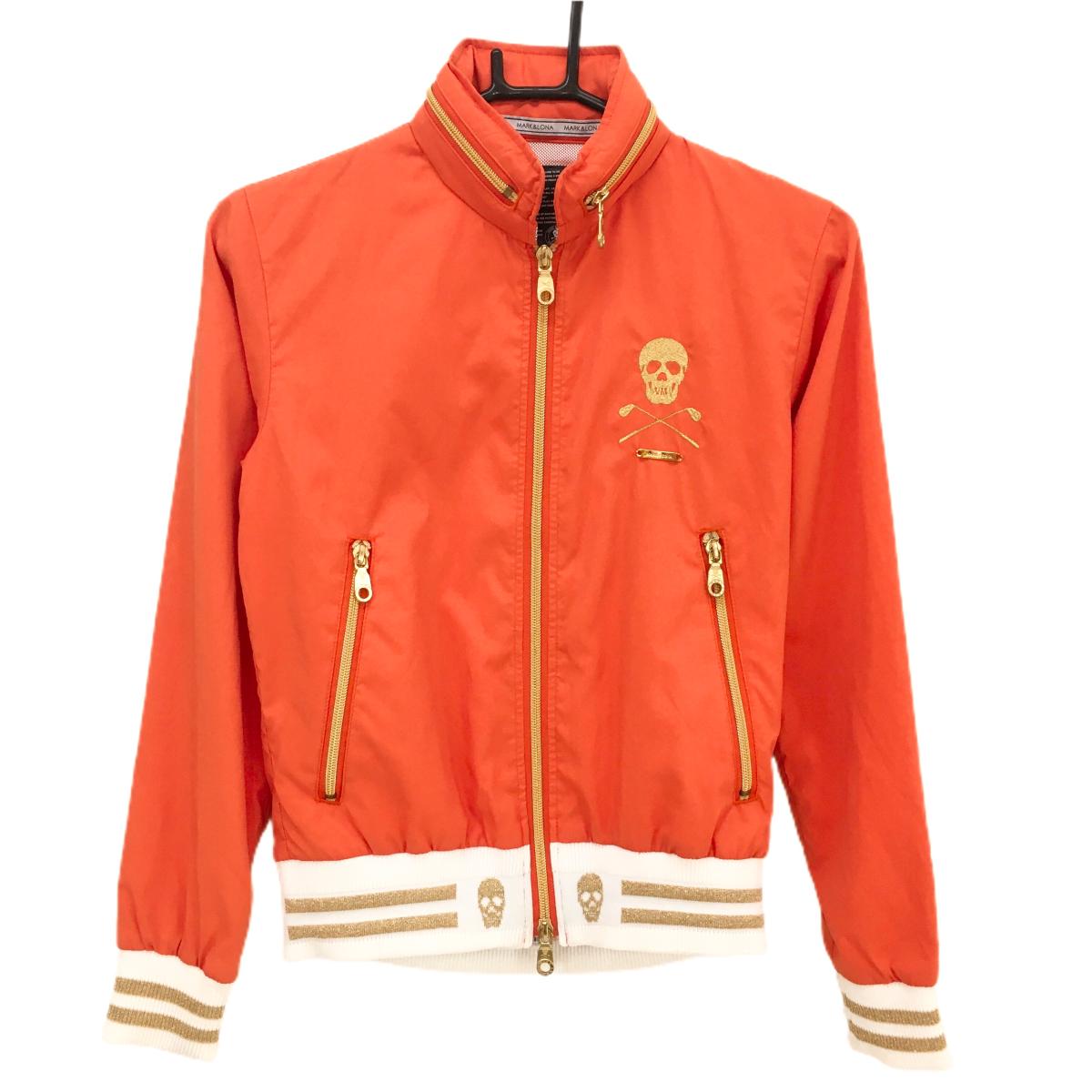 【美品】マークアンドロナ ジャケット オレンジ 裏メッシュ フード収納 ラメ スカル レディース S ゴルフウェア MARK＆LONA