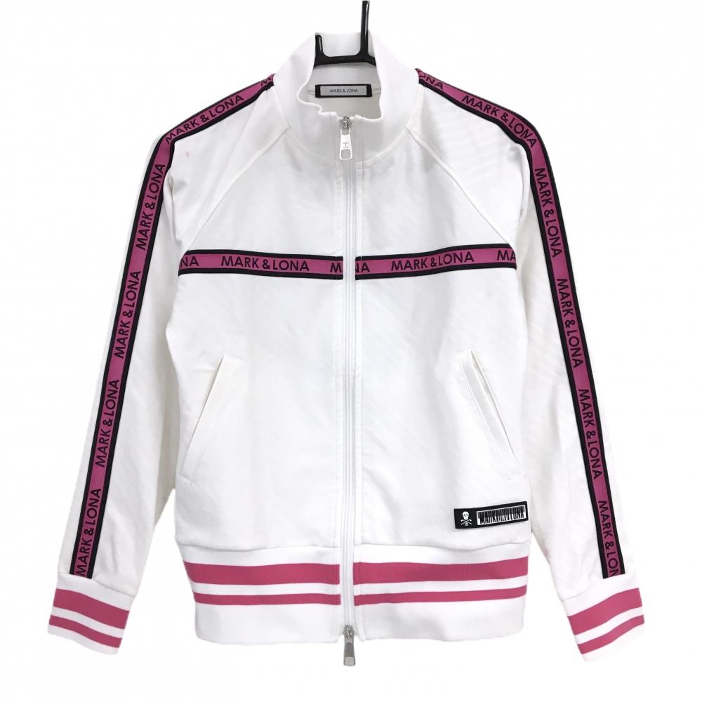 【美品】マークアンドロナ ジャケットブルゾン 白×ピンク 袖ロゴライン 地模様 レディース 38(M) ゴルフウェア MARK＆LONA