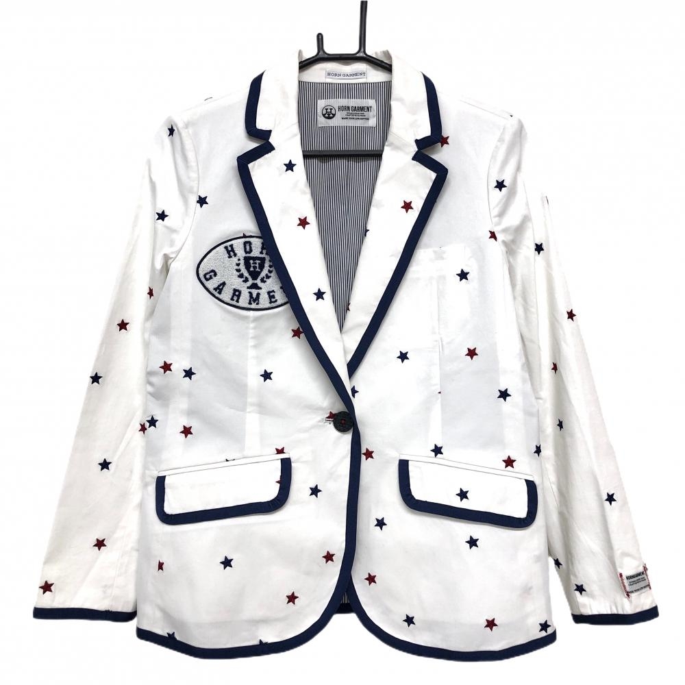 ホーンガーメント テーラードジャケット 白×ネイビー×レッド 星総柄 マークアンドロナ レディース M ゴルフウェア MARK＆LONA
