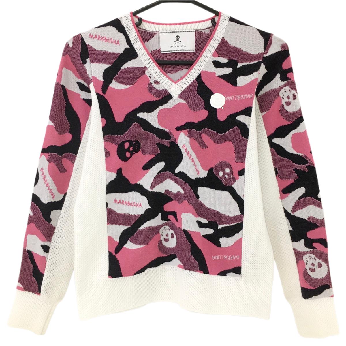 マークアンドロナ セーター ピンク×白 迷彩 カモフラ 透かし編み ニット Vネック レディース S ゴルフウェア MARK＆LONA