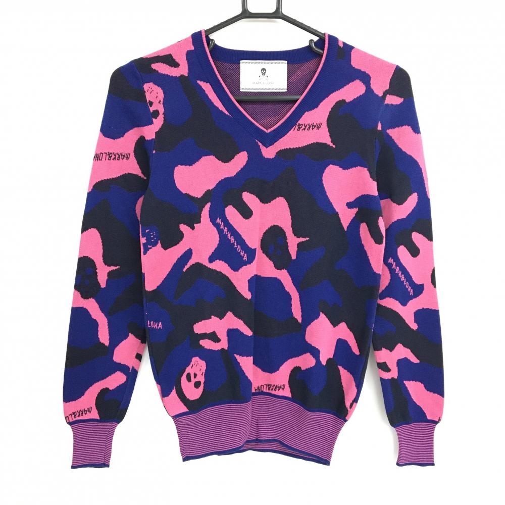 【超美品】マークアンドロナ セーター ネイビー×ピンク カモフラ スカル 迷彩 ニット コットン混 レディース S ゴルフウェア MARK＆LONA
