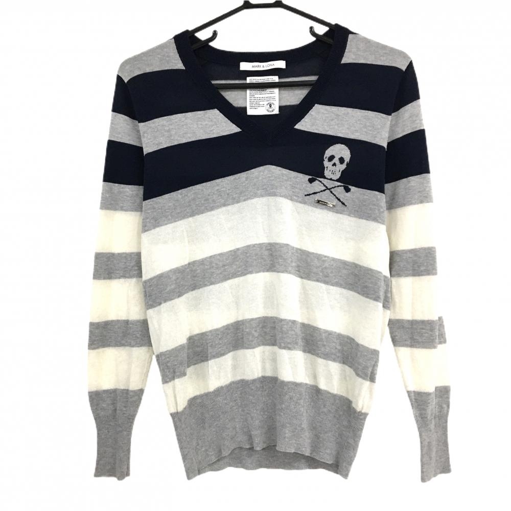 【超美品】マークアンドロナ セーター 杢グレー×ネイビー×白 太ボーダー ニット 薄手 Vネック レディース WS ゴルフウェア MARK＆LONA