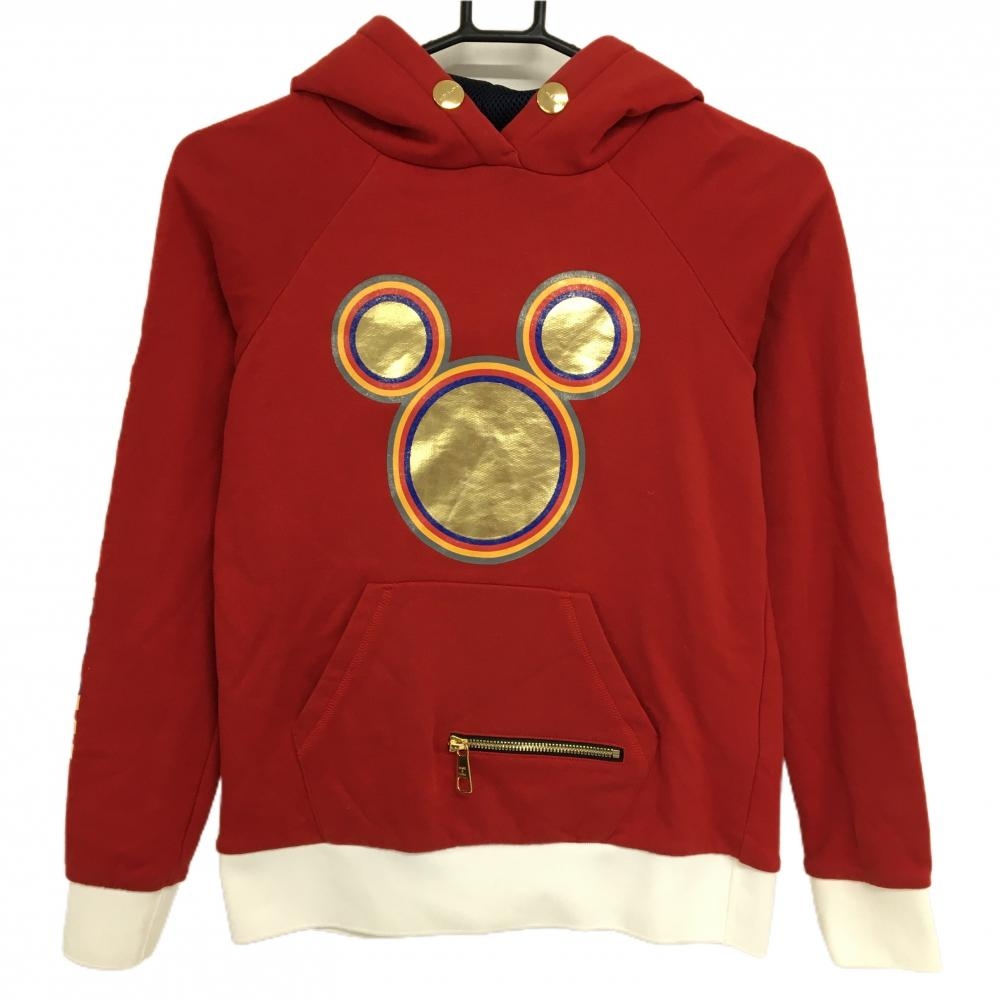 【美品】マークアンドロナ×Disney パーカー レッド×ゴールド ミッキー レディース S ゴルフウェア MARK＆LONA
