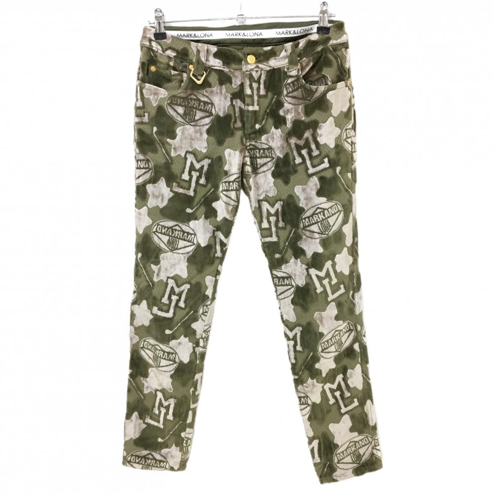 【超美品】マークアンドロナ パンツ カーキ×ベージュ カモフラ柄 迷彩 一部ベロア調 ストレッチ  レディース M ゴルフウェア MARK＆LONA