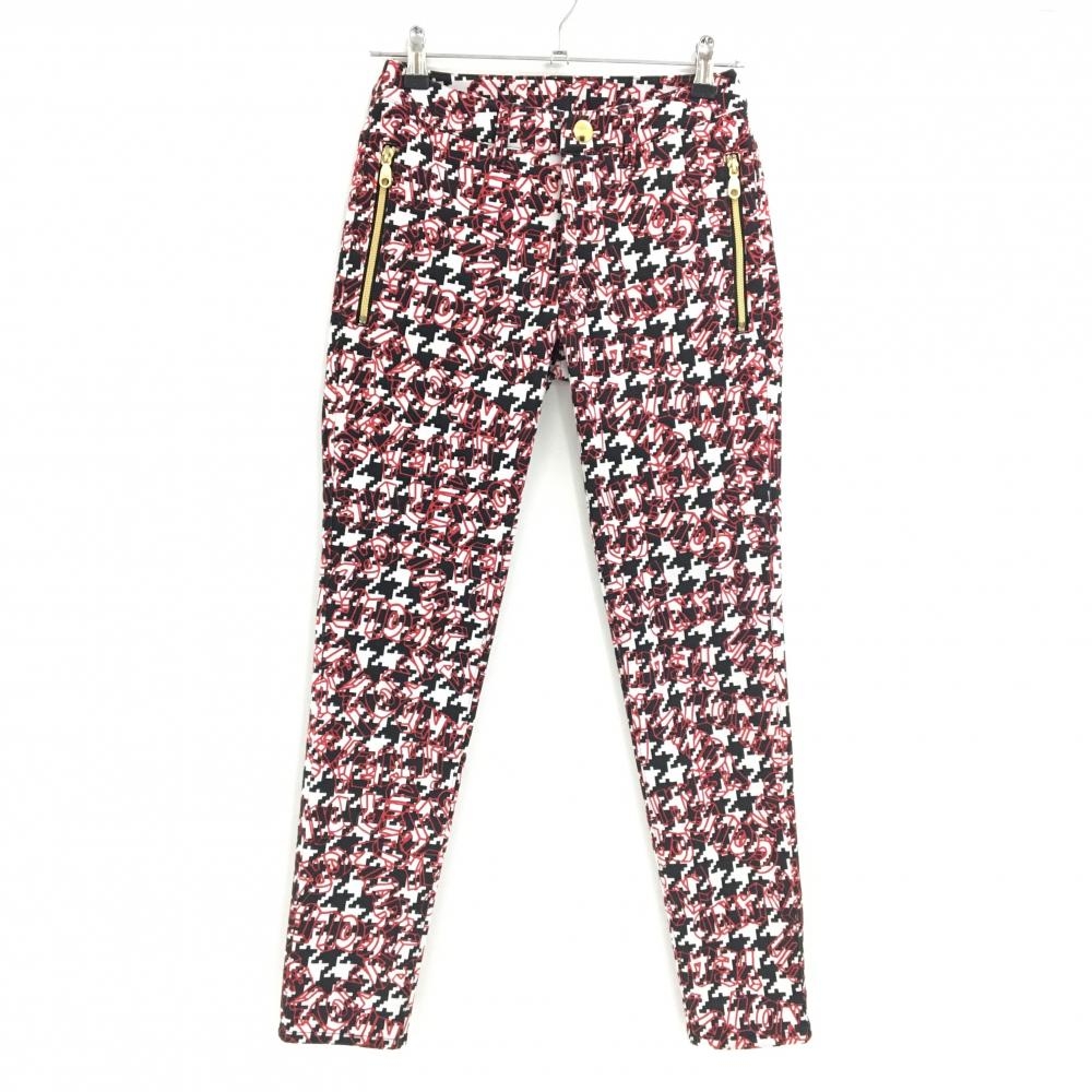 【超美品】マークアンドロナ パンツ 白×黒×レッド 千鳥格子 英字総柄 微起毛 ジップポケット レディース 36(S) ゴルフウェア MARK＆LONA
