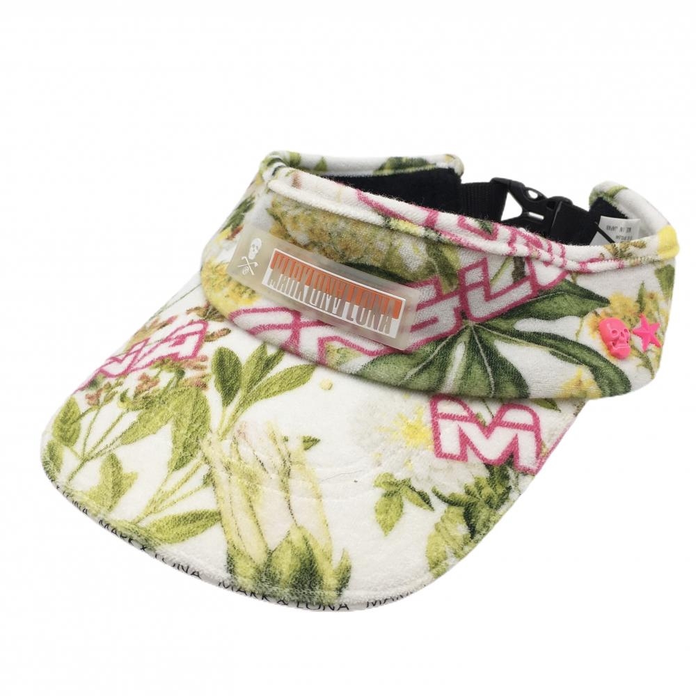 【美品】マークアンドロナ サンバイザー 白×グリーン×ピンク 花柄 パイル地 レディース FREE ゴルフウェア MARK＆LONA