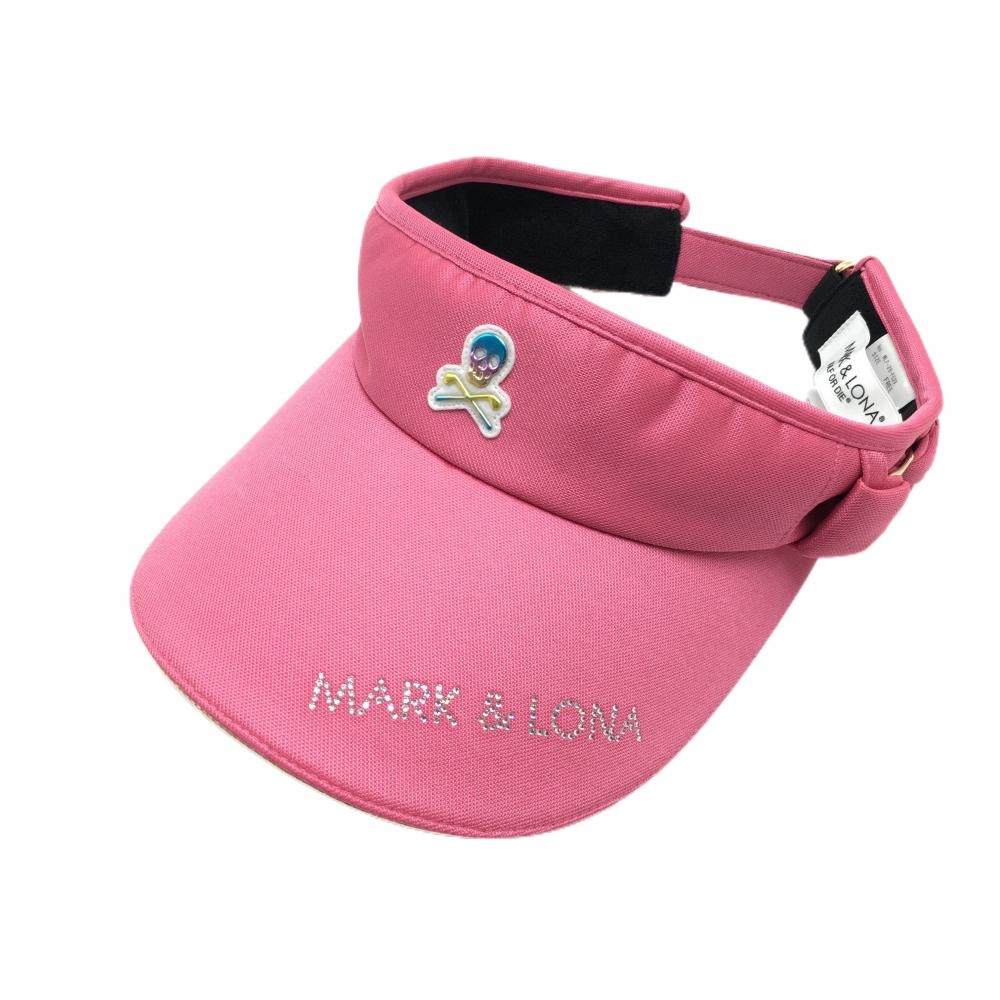 【美品】マークアンドロナ サンバイザー ピンク ラインストーンロゴ スカル リボン  レディース FREE ゴルフウェア MARK＆LONA