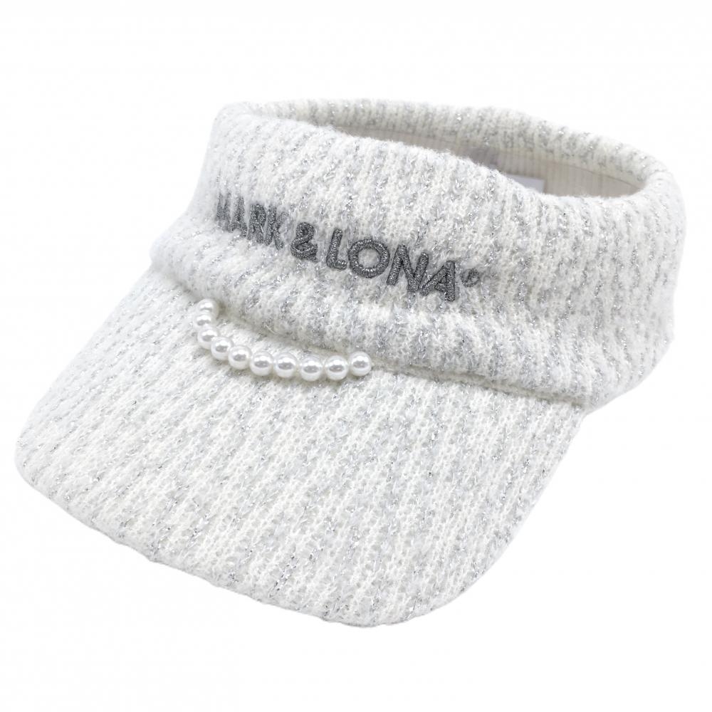 【美品】マークアンドロナ ニットサンバイザー アイボリー×グレー系 パール ラメ糸  レディース  ゴルフウェア MARK＆LONA