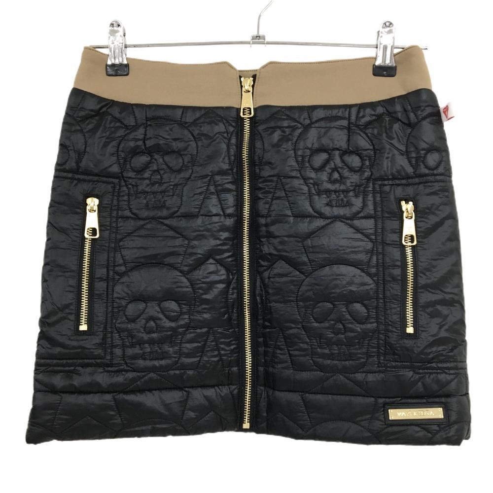 【美品】マークアンドロナ 中綿スカート 黒×ブラウン スカル×星柄キルティング 裏微起毛 レディース S ゴルフウェア MARK＆LONA