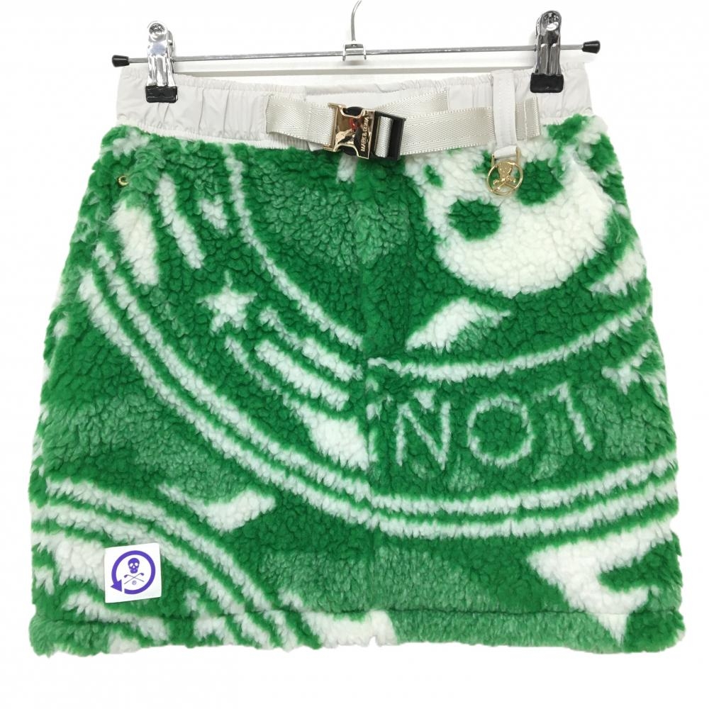 【超美品】マークアンドロナ 中綿ボアスカート グリーン×白 総柄 スカル ウエスト調節ベルト付 レディース 36(S) ゴルフウェア MARK＆LONA