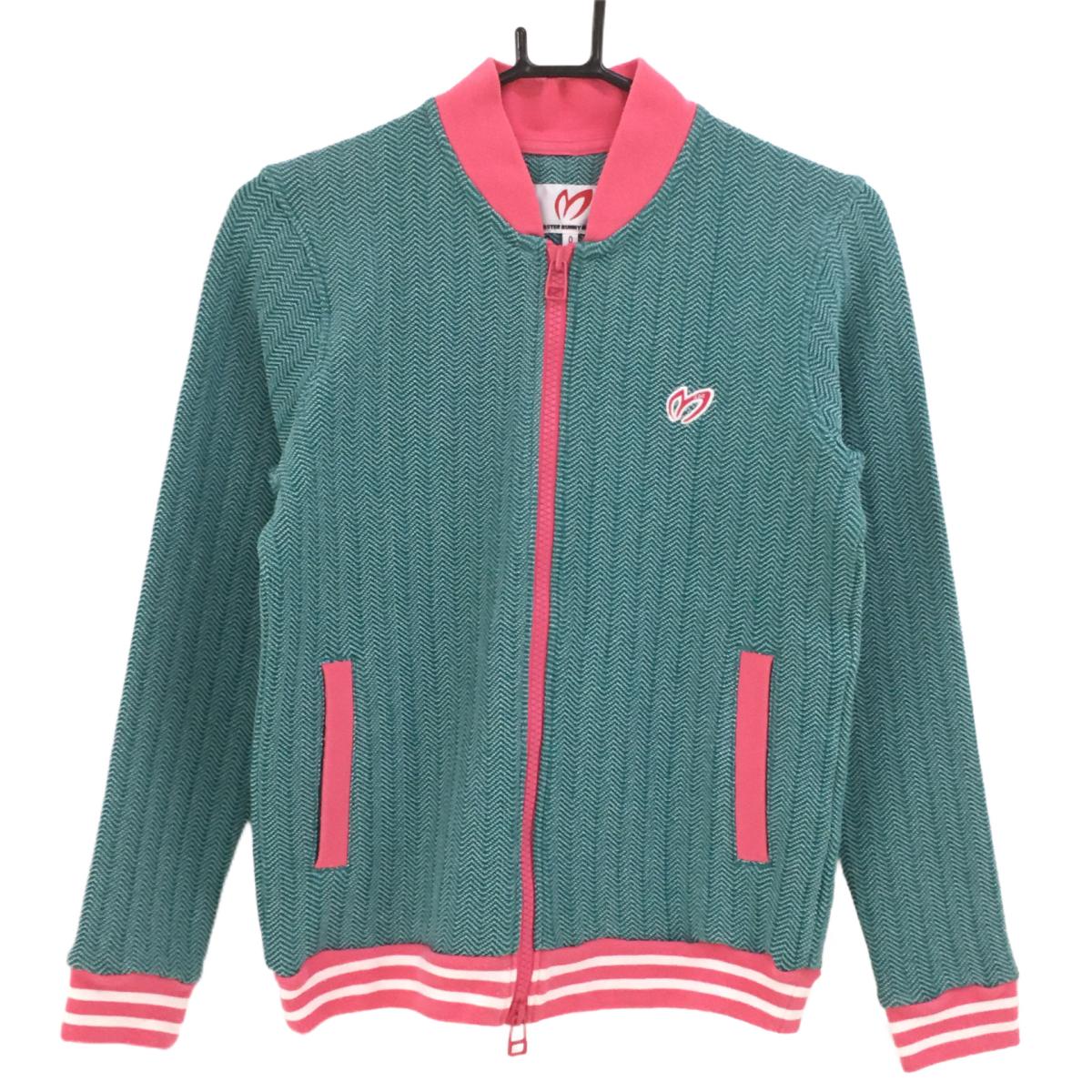 マスターバニー ニットブルゾン グリーン×ピンク ヘリンボーン編み レディース 0(S) ゴルフウェア MASTER BUNNY EDITION